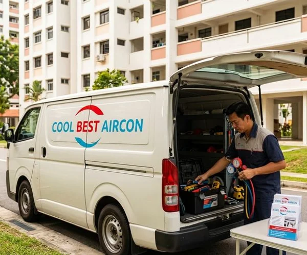 Coolbest Aircon service van parked outside Novena HDB flat for aircon maintenance