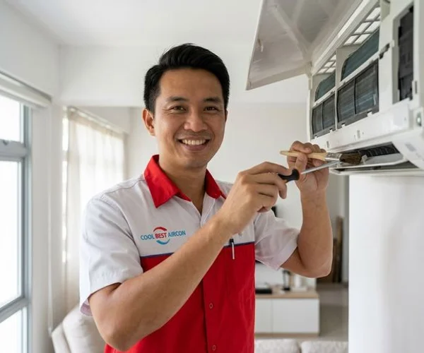Coolbest Aircon technician servicing a wall-mounted split unit in a Tampines HDB flat
