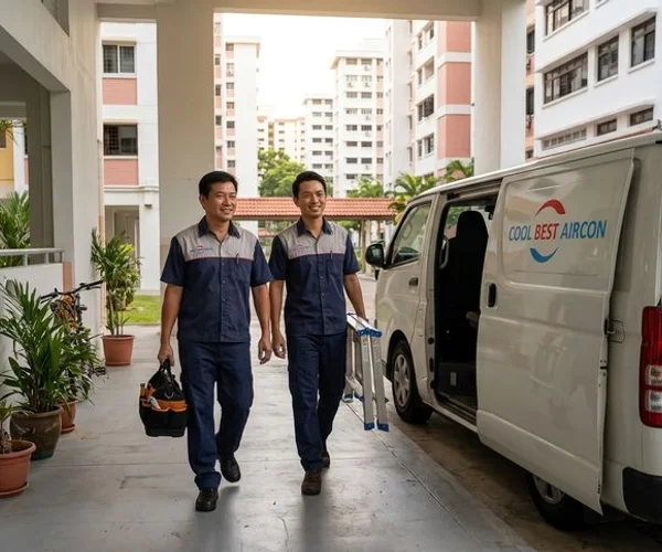 Coolbest Aircon technician arriving for aircon servicing in Novena HDB estate