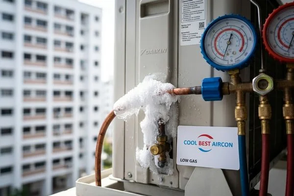 Ice formation on copper pipe indicating low refrigerant level