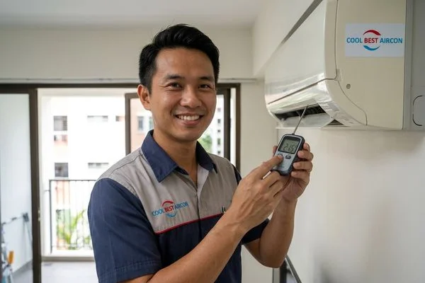 Digital thermometer checking aircon outlet temperature after refrigerant recharge