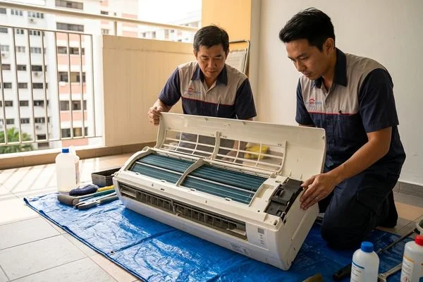 Coolbest Aircon technician dismantling aircon unit for chemical overhaul in Tampines HDB flat