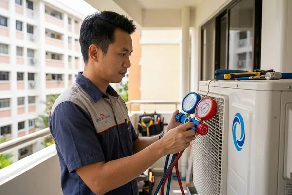 Coolbest Aircon technician using manifold gauge on outdoor compressor in Tampines
