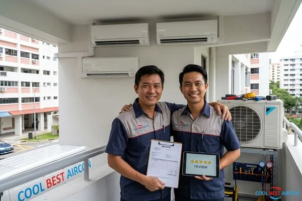 Coolbest Aircon technician completing Daikin System 4 installation in Tampines HDB living room