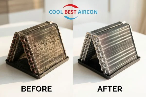 Before and after evaporator coil cleaning during aircon chemical overhaul in Tampines condo