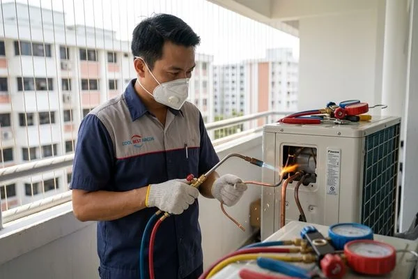 Technician brazing copper pipes during split system aircon installation in Tampines