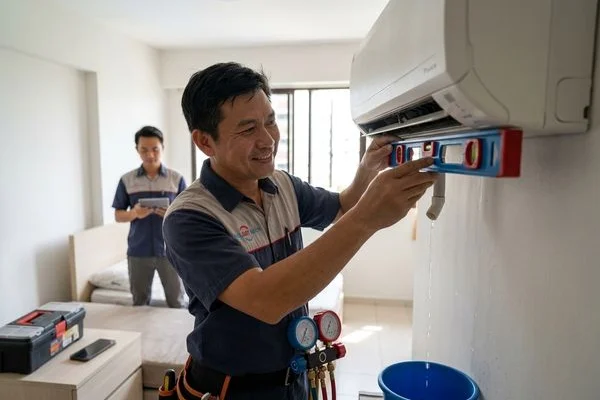 Checking aircon mounting angle to resolve drainage problem in Tampines condo