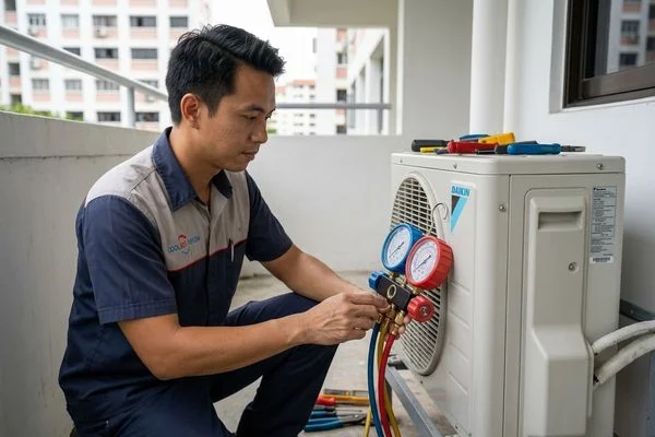 Technician checking R410A refrigerant pressure on outdoor aircon unit in Singapore