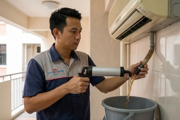 Coolbest Aircon technician flushing aircon drainage pipe to clear blockage in Tampines