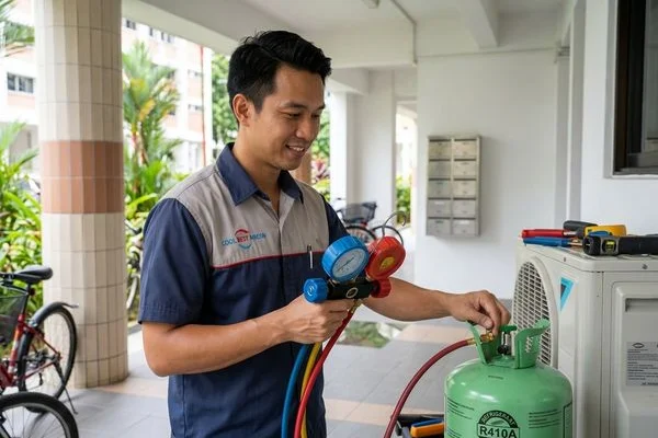 Recharging R410A refrigerant into Tampines HDB aircon system during gas top-up