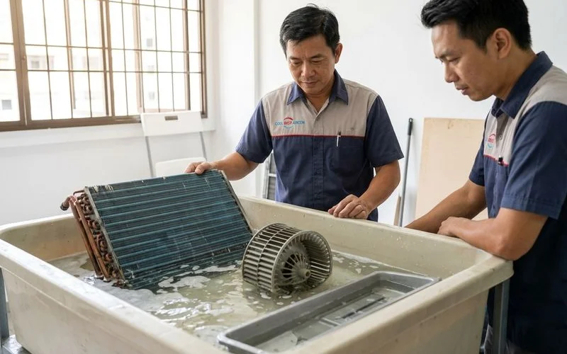 Aircon components including evaporator coil and blower wheel submerged in chemical cleaning solution