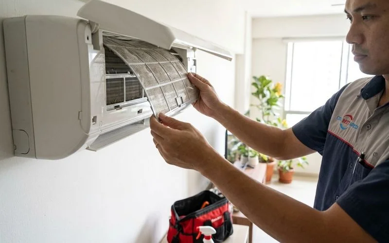 Step by step guide showing homeowner removing aircon filter from wall mounted unit for washing