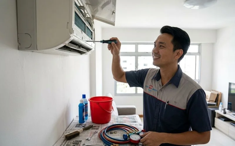 Technician inspecting aircon indoor unit during general servicing session in Singapore