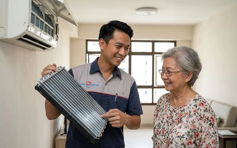Technician showing homeowner the clean evaporator coil after chemical wash demonstrating condition improvement